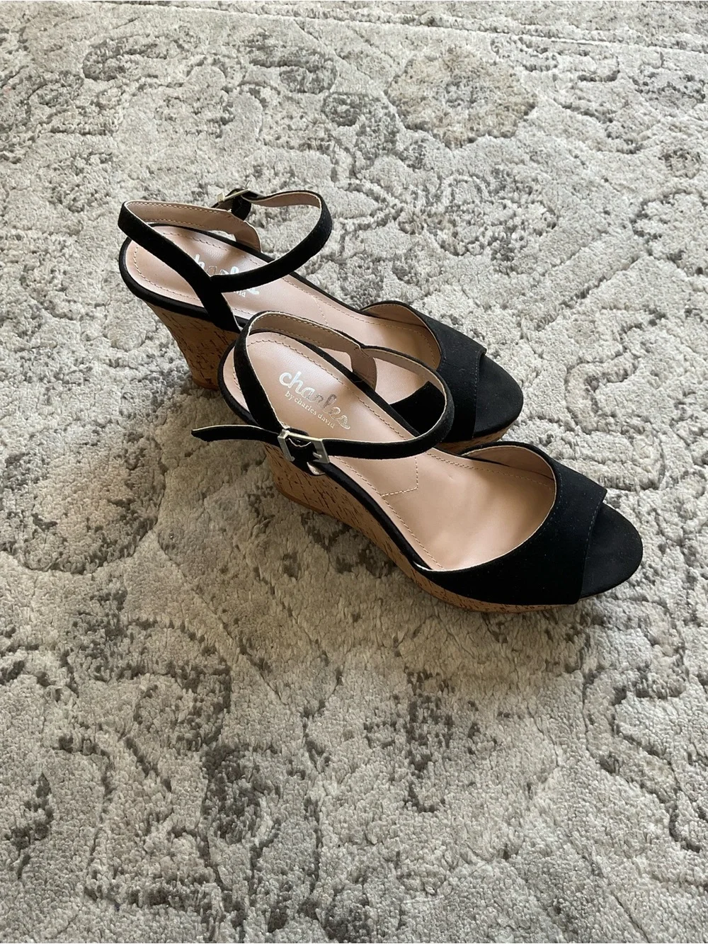 Charles by Charles David Black Suede Peep-Toe Ankle-Strap Wedges